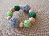 Green and Gray Crocheted Beads and Natural Wood Beads Teething, Teether, Grasping, Rattle, Baby Toy Green and Gray Crocheted Beads and Natural Wood Beads Teething, Teether, Grasping, Rattle, Baby Toy