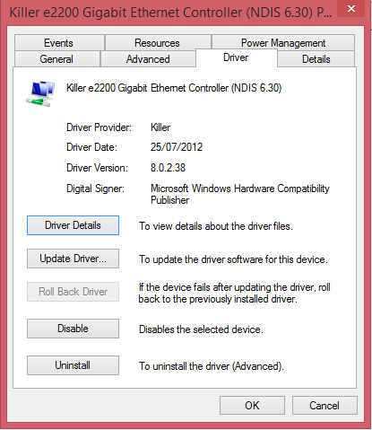 killer e2400 gigabit ethernet controller driver cant update